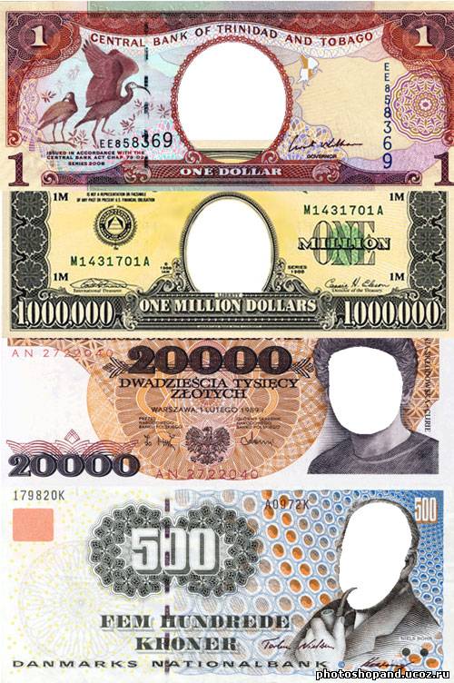 Шаблоны для фото 40 банкнот разных государств